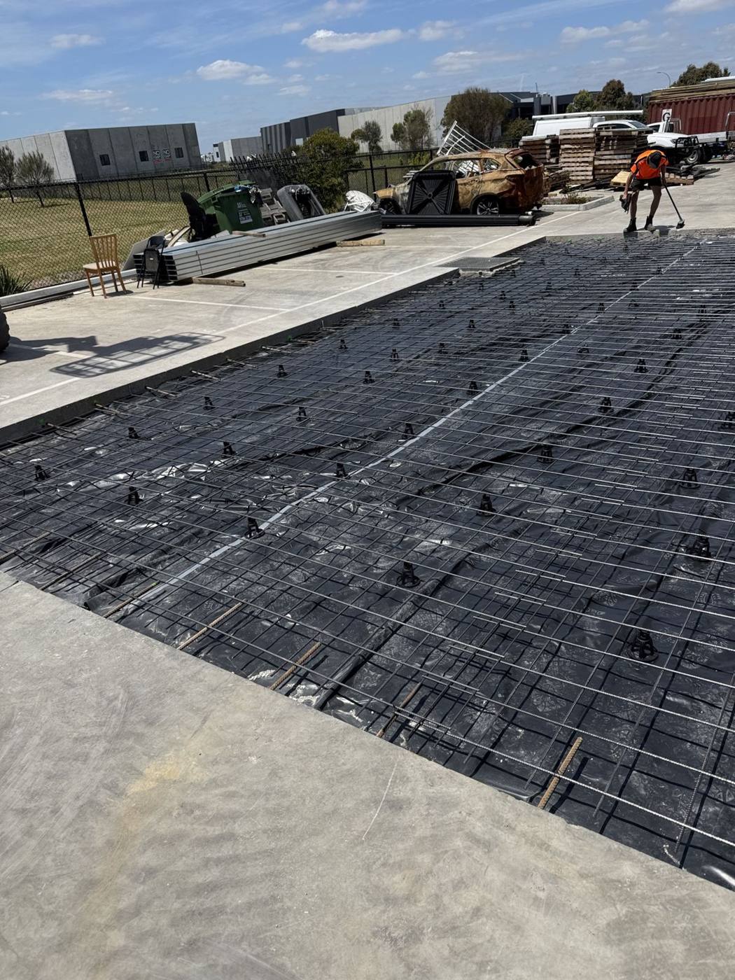 Reinforcement mesh laid over a slab area ready for the concrete pour
